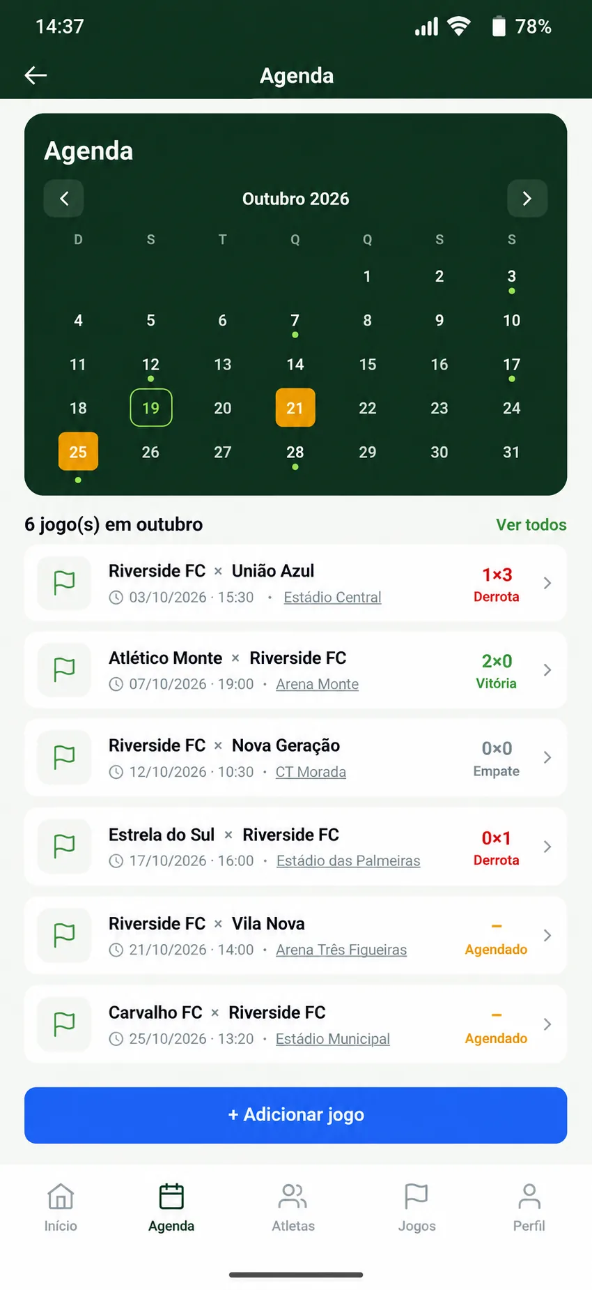 Agenda de jogos no app Meu Esporte