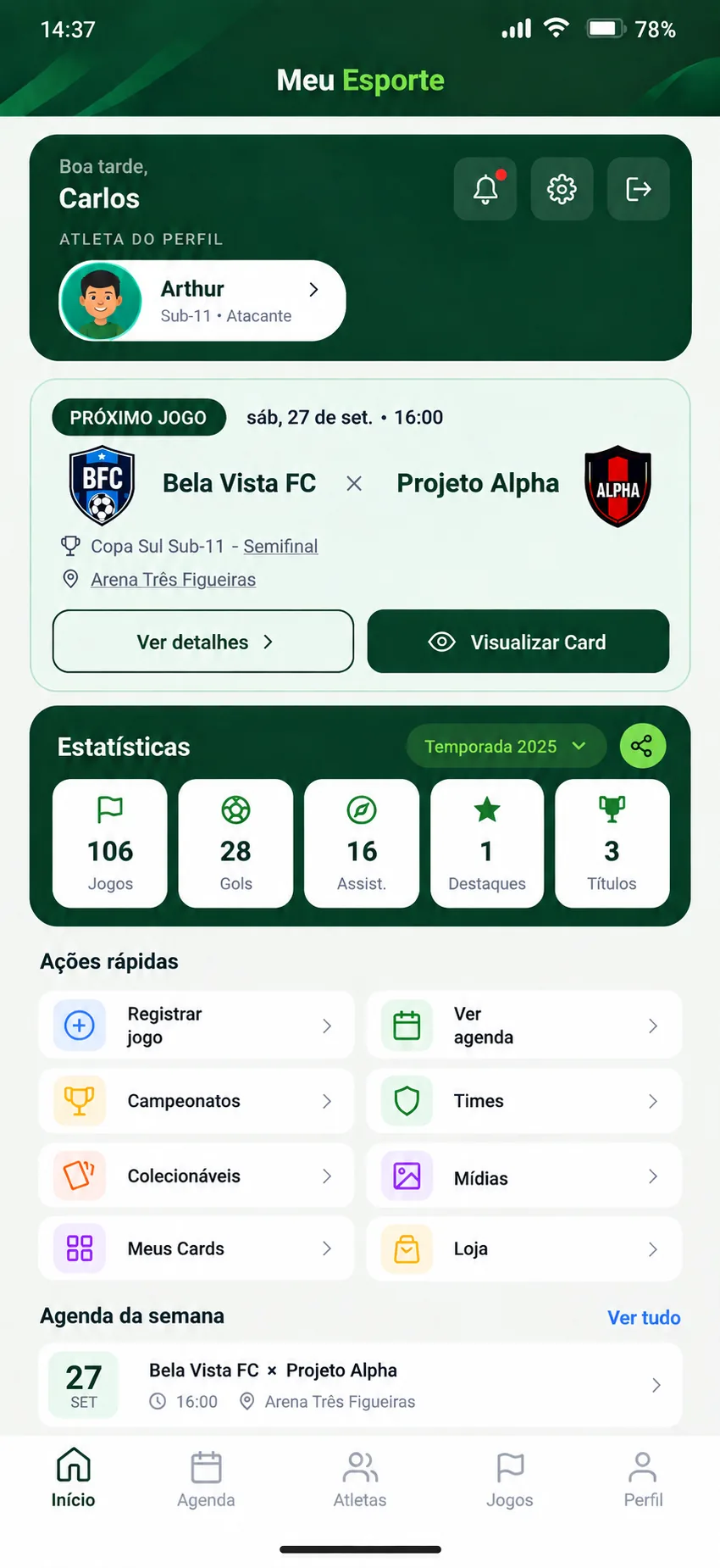 Tela inicial do app Meu Esporte