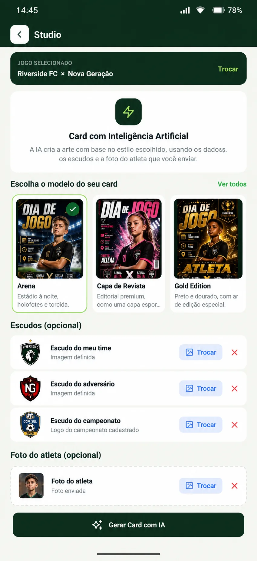 Studio de criação de cards com IA no app Meu Esporte