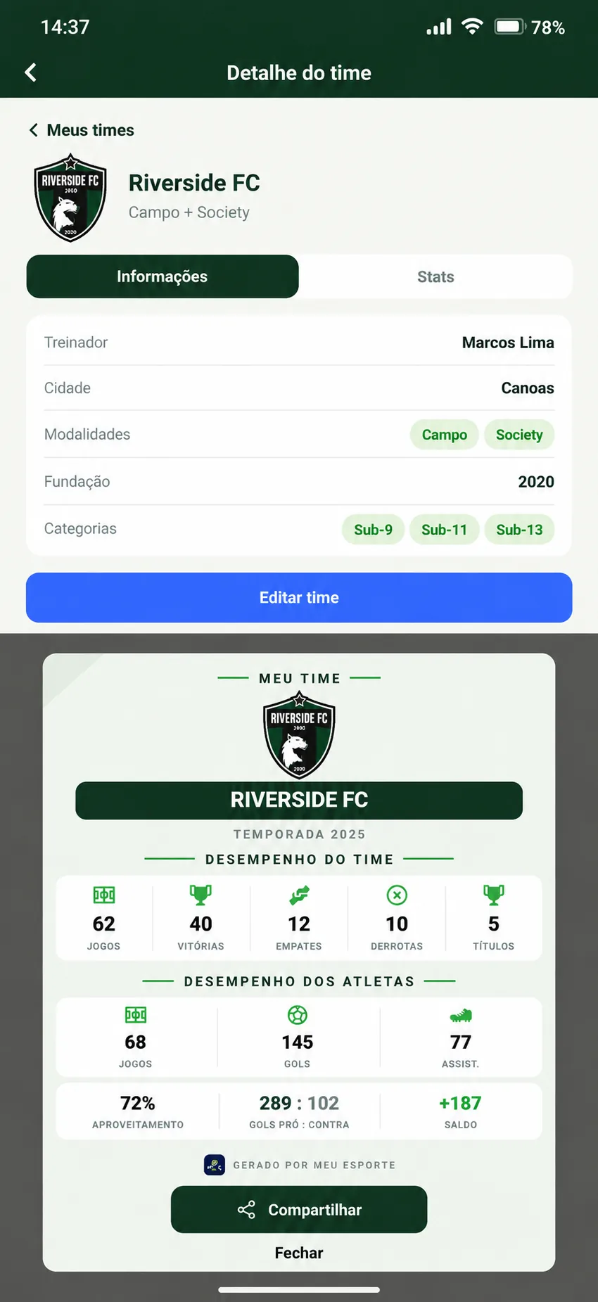 Detalhe do time com estatísticas da temporada no app Meu Esporte