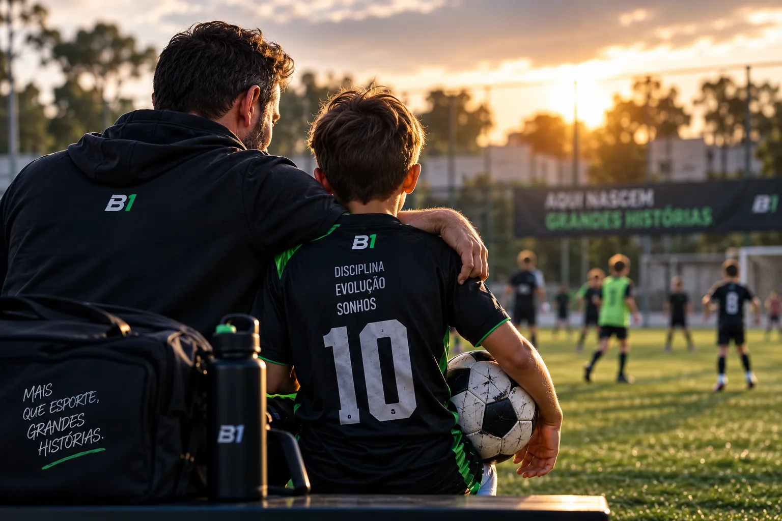 Pai e filho no campo ao pôr do sol